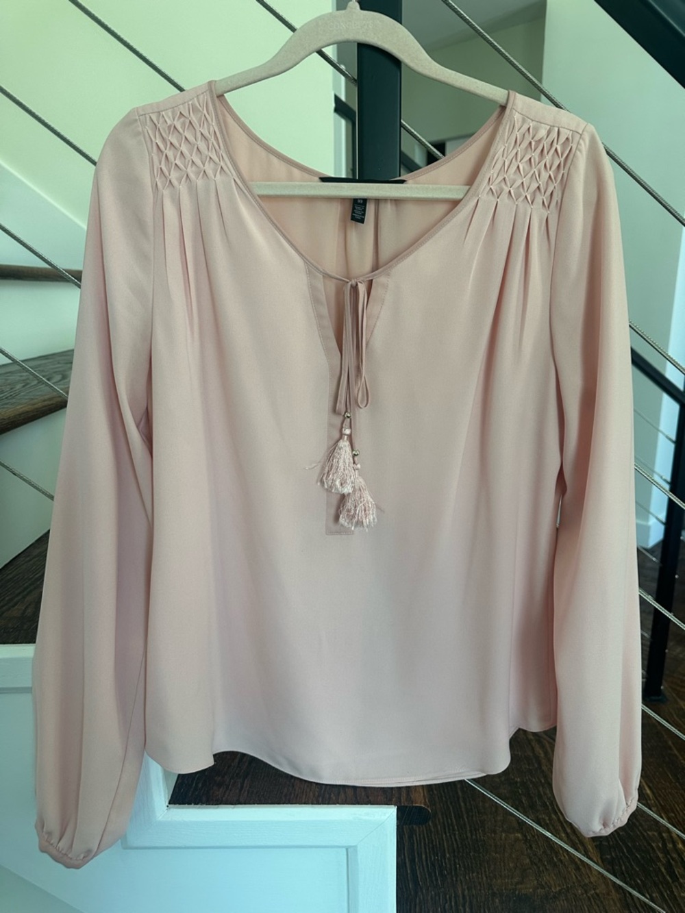 White House Black Market Blush  Pink Long-Sleeve Ballerina Tassel Peasant Blouse